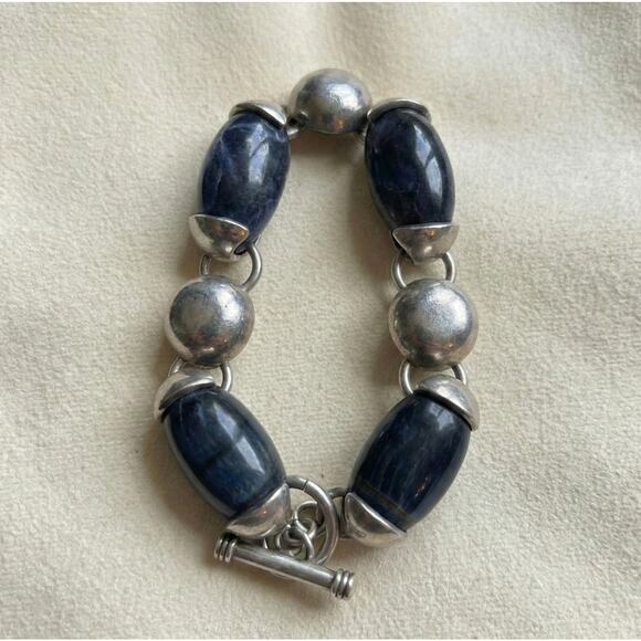 Vintage Sterling Silver Chunky Blue Sodalite Cabochon Link Toggle Bracelet - Picture 1 of 6